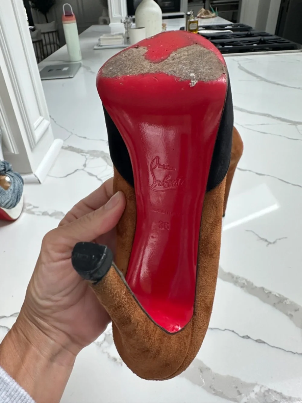 Christian Louboutin Suede Black and Camel Brown Heels Gold Toe 36 Sz